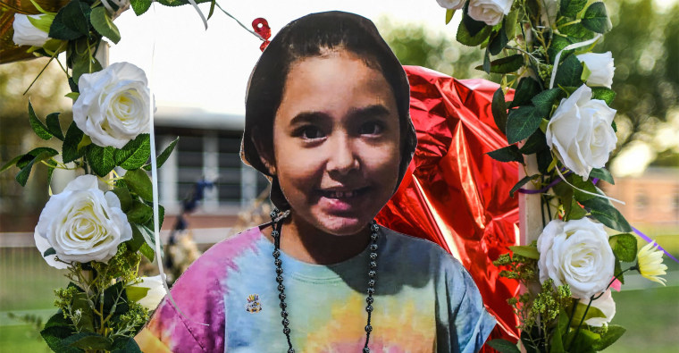 A photo of Alithia Ramirez, 10, who died in the mass shooting, was placed at a makeshift memorial at Robb Elementary School in Uvalde, Texas, on May 30, 2022. 