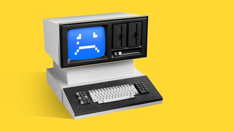 Ilustración de una computadora de floppy disk de los años 80 donde la pantalla muestra un emoticono de carita triste