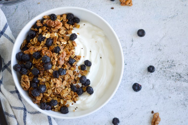 A combination of protein and carbohydrates, like blueberry trail mix and yogurt, makes a smart post-workout snack.