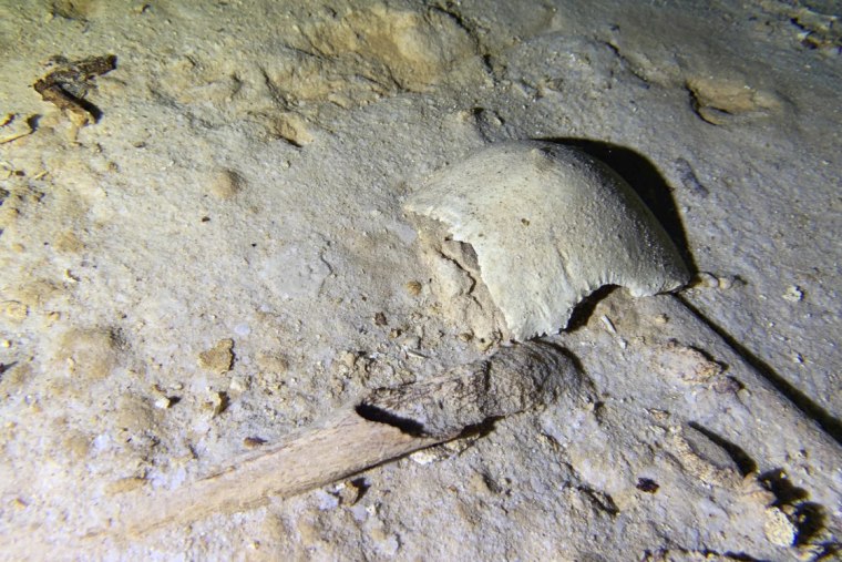 Fragmentos de un esqueleto humano prehistórico parcialmente cubierto por sedimentos en un cenote, o cueva submarina, en Tulum, México, el 10 de septiembre de 2022.