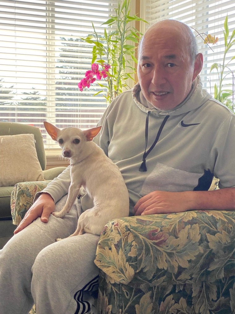 Johanna Carrington’s caregiver, Eddie Martinez, takes Gucci on daily walks and cooks chicken for him as a treat. Having a strong support system can help seniors successfully adopt pets.