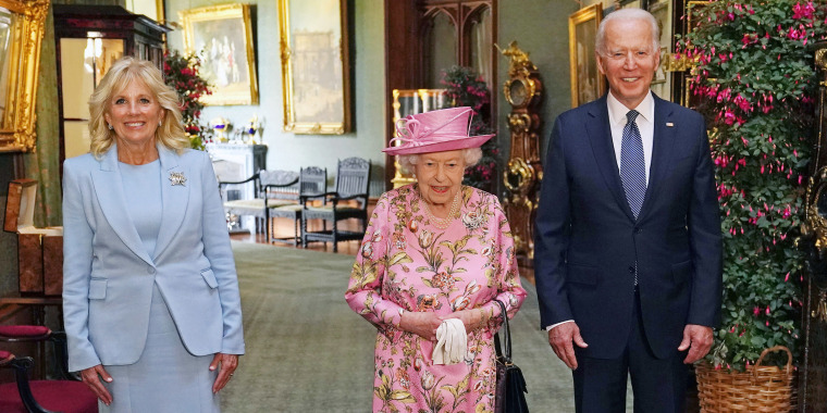 Queen Elizabeth II with President Biden and first lady Jill Biden during their visit to Windsor Castle on June 13, 2021, in Windsor, England.