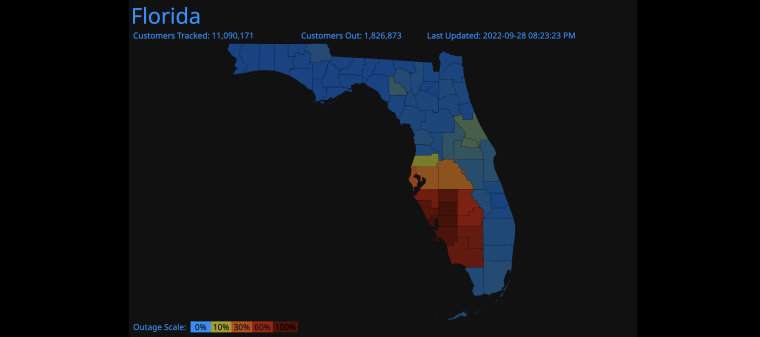 Mapa de Florida, donde las áreas rojas muestran donde más clientes han perdido electricidad.
