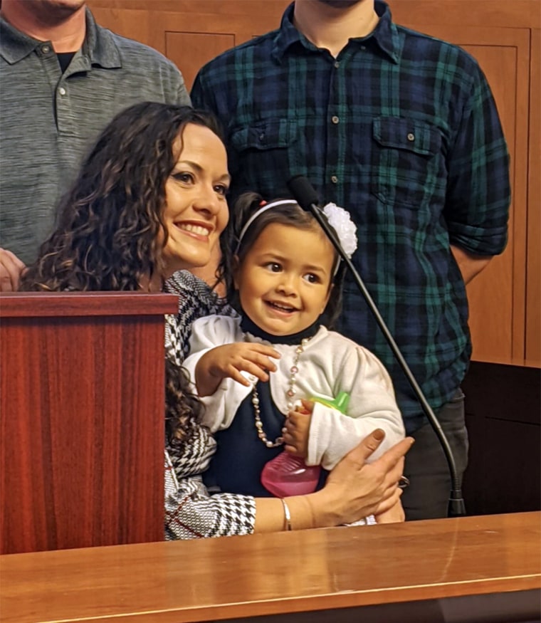 Genevieve Traversy with her daughter, Amaris, on adoption day in 2019
