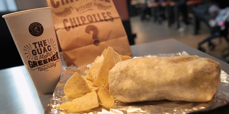 Food is served at a Chipotle restaurant on Oct. 25, 2017 in Chicago, Illinois. 
