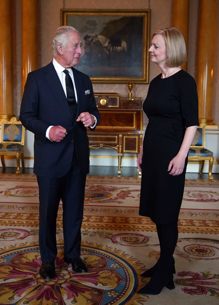 King Charles III appeared to also have swollen hands during his first audience with Prime Minister Liz Truss at Buckingham Palace in London on Sept. 9, 2022.