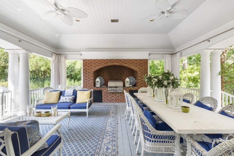 Inside the outdoor pool house space.