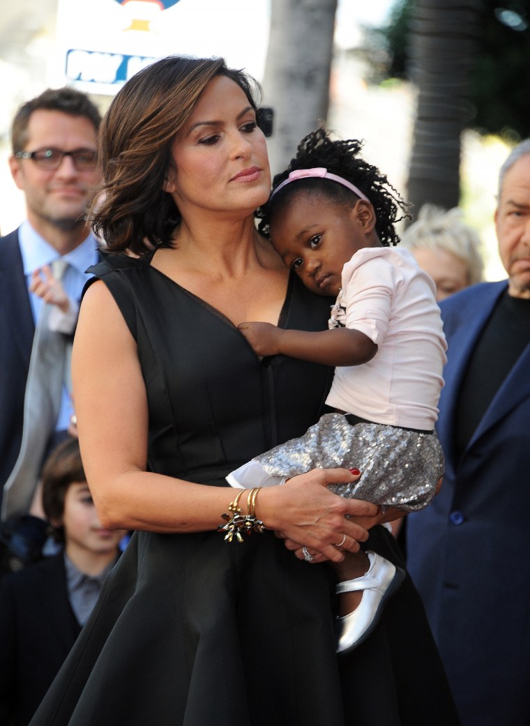 Actresses Mariska Hargitay, holding her daughter Amaya.