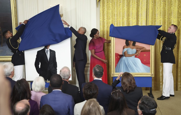 Barack And Michelle Obama Return To White House For Official Portrait Unveiling
