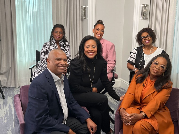 (Top L to R) Sidney Poitier’s daughters Sherri Poitier, Anika Poitier and Beverly Poitier-Henderson with "Sidney" director Reginald Hudlin (bottom left), Sheinelle Jones and Oprah Winfrey.