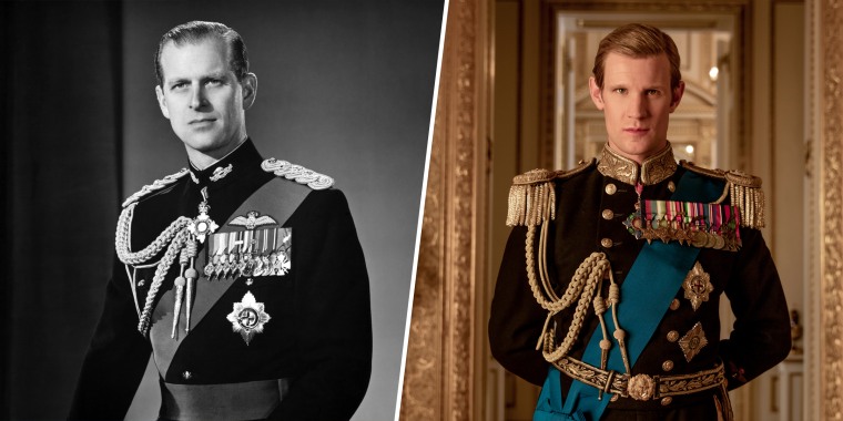 Left: Prince Philip, Duke of Edinburgh, in 1958 / Right: Matt Smith as Prince Philip in Netflix's "The Crown."