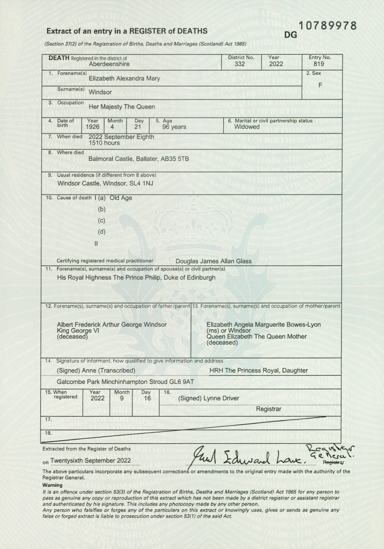 The death certificate of Queen Elizabeth II reveals how she died.