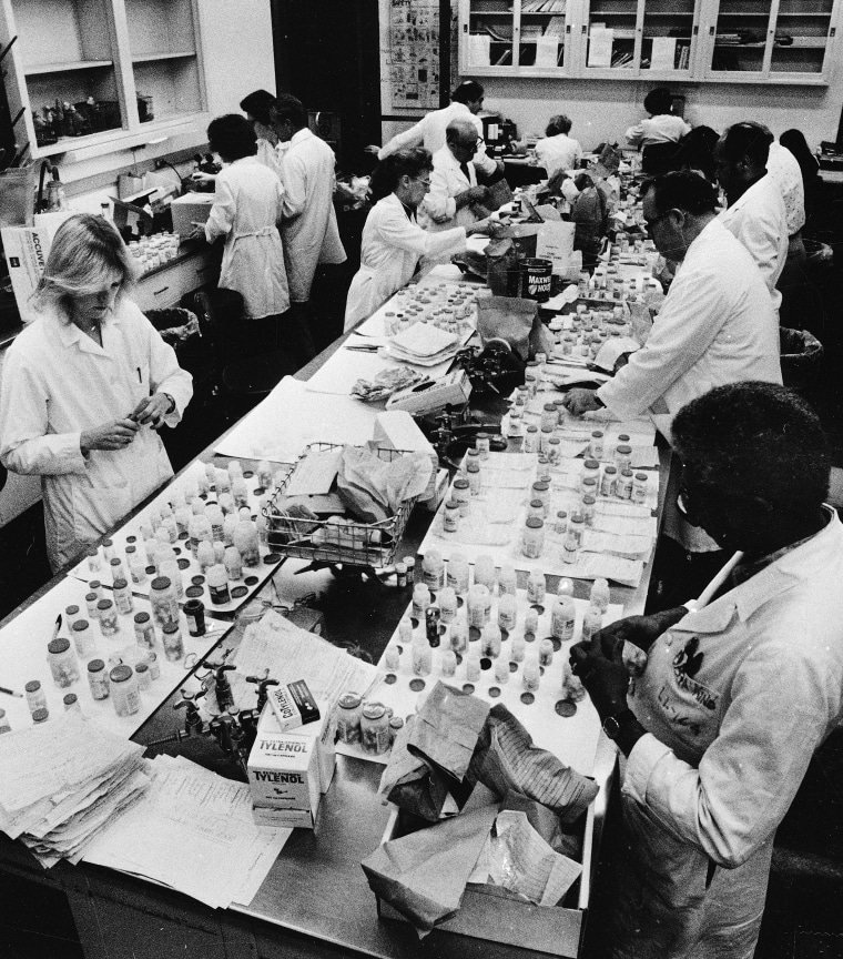 Employees of the Chicago City Health Department continue to test Tylenol medication for the presence of deadly cyanide at the Department's lab on Oct. 7, 1982.