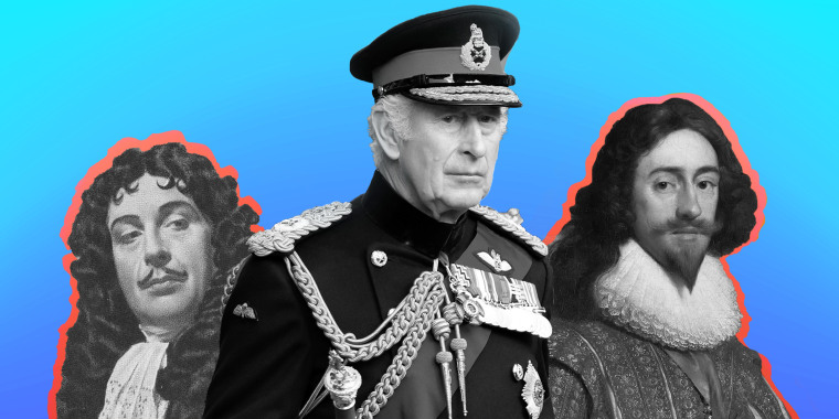 King Charles III, center, along with King Charles II, far left, and his father, King Charles I. The present-day king's choice of name, while practical, has a difficult history in the United Kingdom.