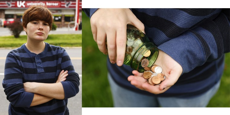 Side by side collage of Marshall Troese outside the convenience store and Marshall with the change in his coin jar.