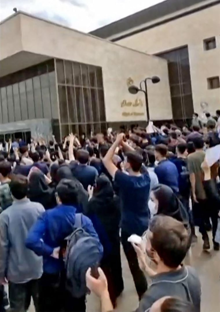 Iranian students protest outside a university in the city of Mashhad on Oct. 1, 2022.