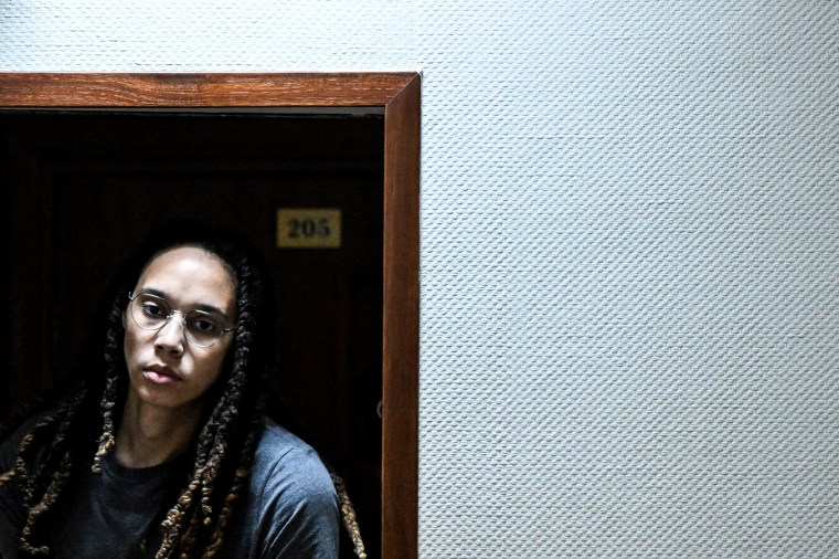 Brittney Griner is escorted to the courtroom to hear the court's final decision in Khimki outside Moscow on Aug. 4, 2022.