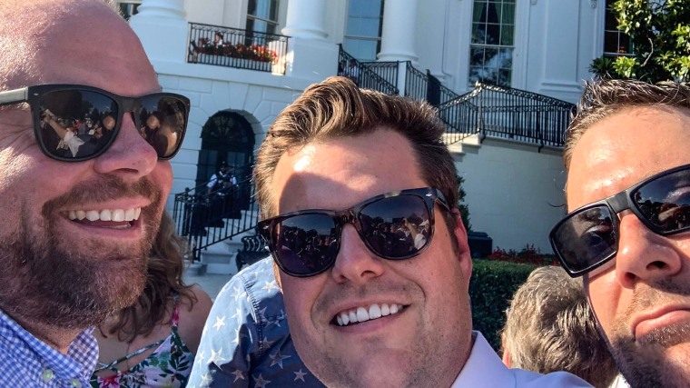 From left, Chris Dorworth, Rep. Matt Gaetz and then-Seminole County Tax Collector Joel Greenberg pose together outside the White House during a visit in 2019.
