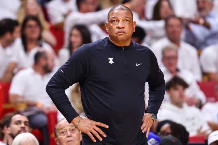 Philadelphia 76ers head coach Doc Rivers of the Philadelphia 76ers during a game against the Miami Heat on May 2, 2022, in Miami.