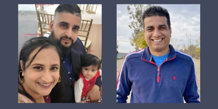 Aroohi Dheri, de ocho meses, sus padres, Jasleen Kaur, de 27 años, y Jasdeep Singh, de 36, y el tío de la bebé, Amandeep Singh, de 39.