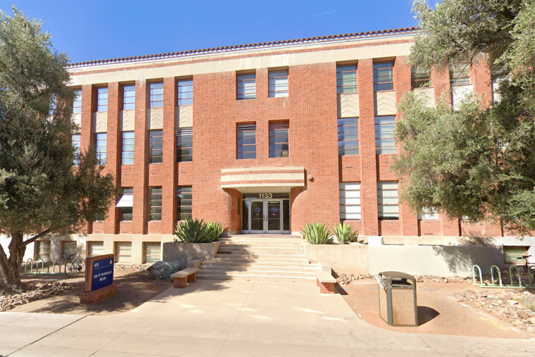 A professor was shot and killed in the John W. Harshbarger Building (above) at the University of Arizona in Tucson on Oct. 5, police said.