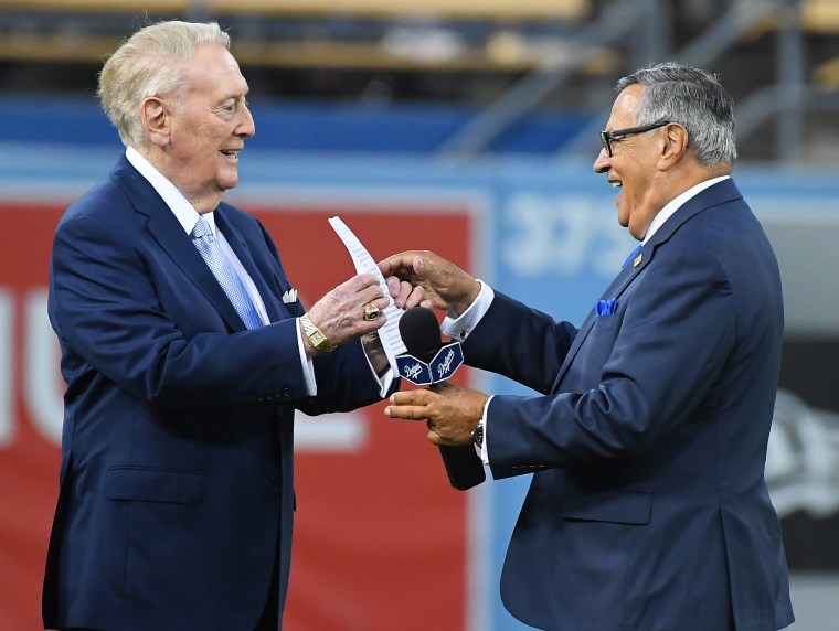 Vin Scully and Jaime Jarrin during a pregame ceremony at Dodger Stadium