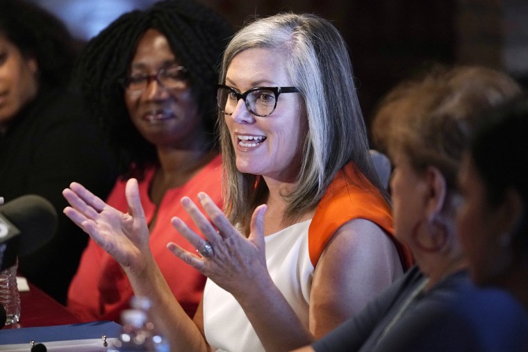 Arizona Secretary of State Katie Hobbs speaks at a roundtable event in Phoenix, on Sept. 19, 2022. Hobbs is a Democrat running for governor who opposed the plan.