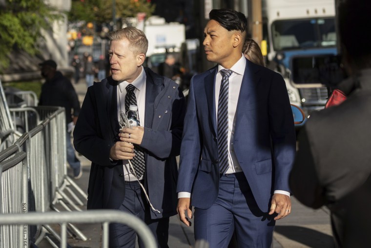 Anthony Rapp, left, arrives at court for the civil lawsuit trial against Kevin Spacey on Oct 6, 2022, in New York. 