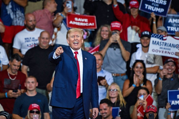 Former President Donald Trump speaks at a rally in Wilkes-Barre, Pa., on Sept. 3, 2022.