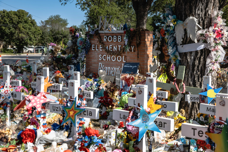 The memorial at Robb Elementary School on June 24, 2022 in Uvalde, Texas.