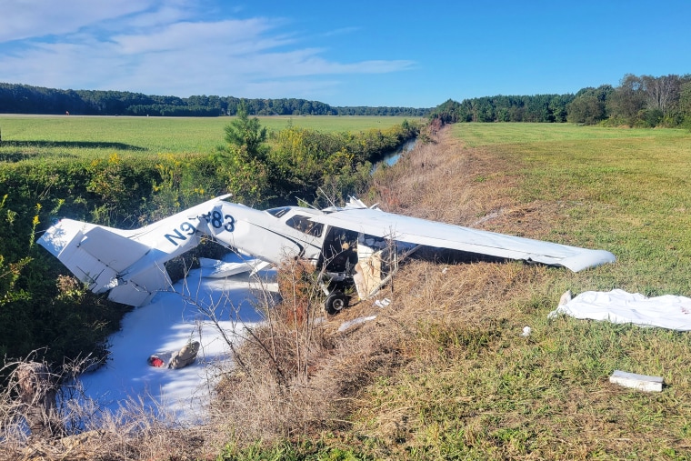 A single engine Cessna airplane crashed upon takeoff at an airport in Newport News, Va, on Thursday Oct. 6, 2022.