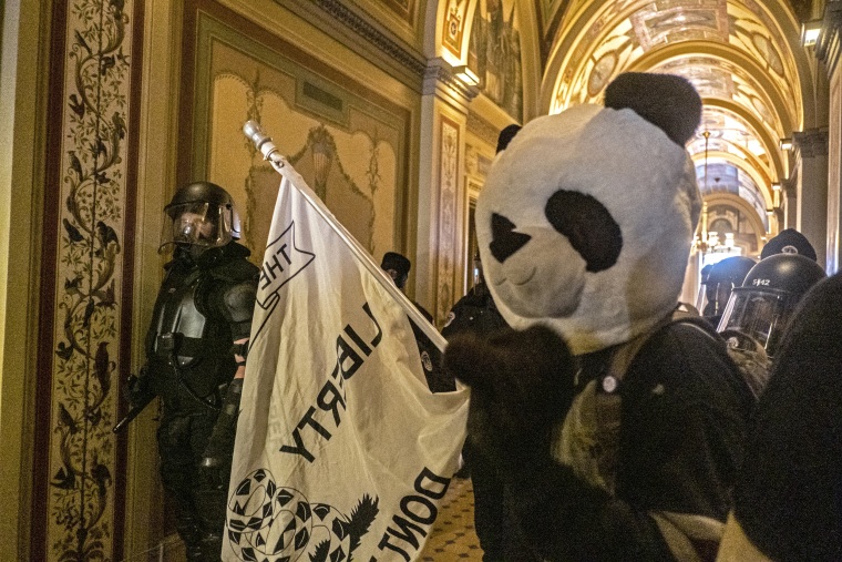 A rioter wearing the head of a panda costume storms the U.S. Capitol on Jan. 6, 2021.