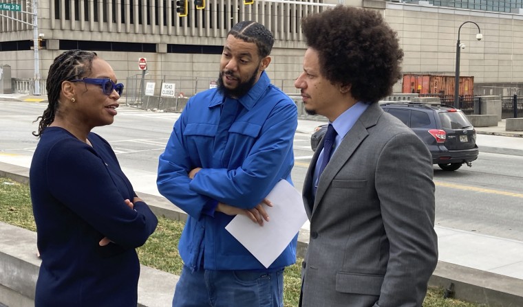 Clayton English,Eric André,Allegra Lawrence-Hardy outside the federal courthouse in Atlanta