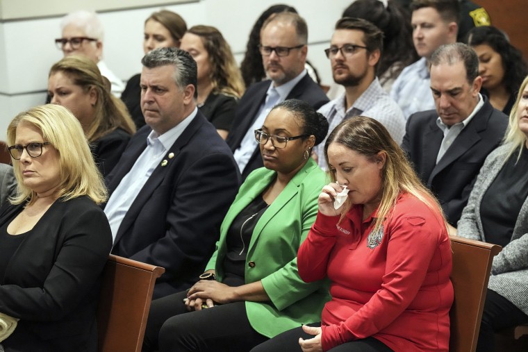 Image: Lori Alhadeff, whose daughter was killed, cries as Assistant State Attorney Mike Satz details the killings in his closing arguments in the penalty phase of the trial of Nikolas Cruz at the Broward County Courthouse in Fort Lauderdale, Fla. on Oct. 11, 2022.