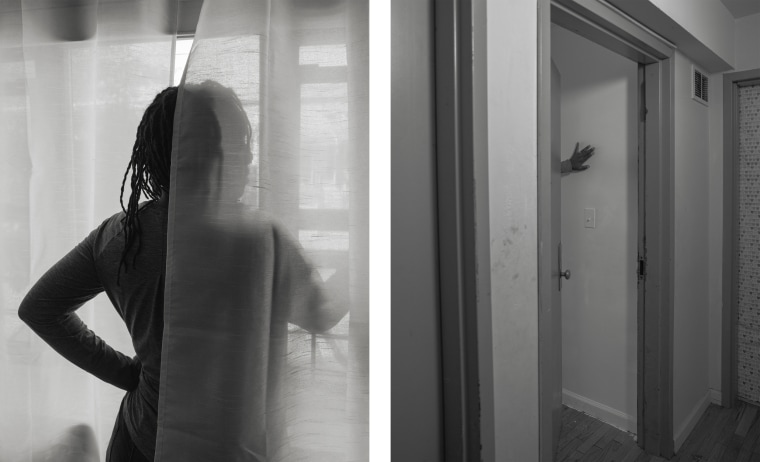 Left - Ronisha Ferguson looking out her window. Right - Ronisha Ferguson's hand on the wall at her front door.