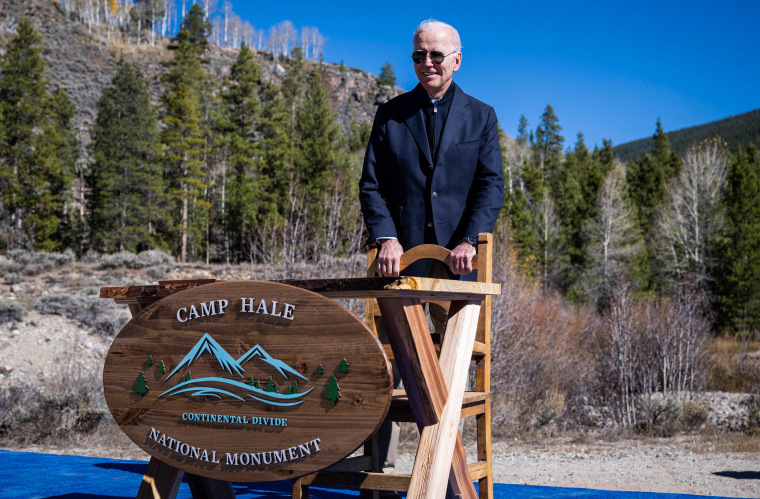 Image: President Joe Biden prepares to designate Camp Hale as a National Monument, at Camp Hale near Leadville, Colo., on Oct. 12, 2022.