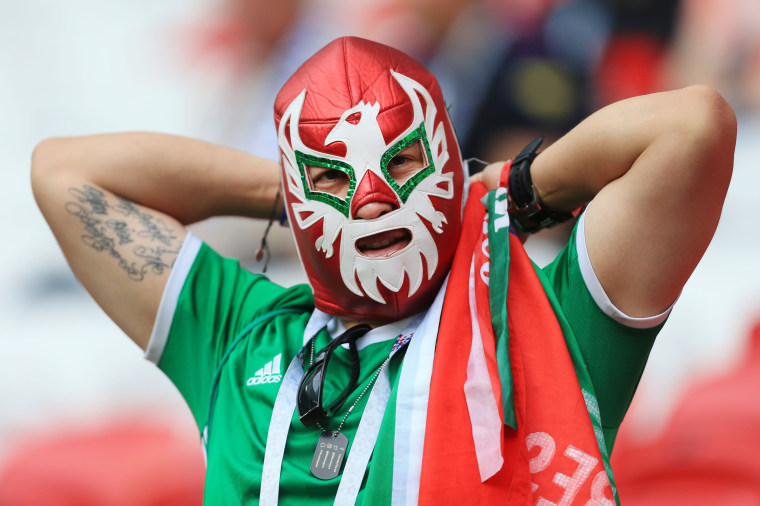 A Mexico fan wears a "Lucha Libre" mask at a Confederations Cup match in 2017.