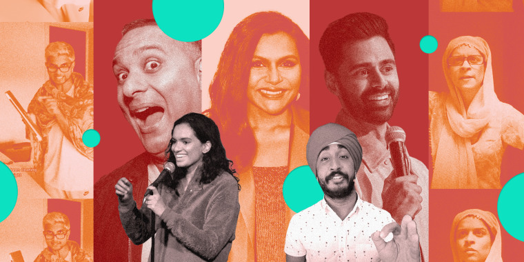 Photo illustration: Vertical strips with images of Jeremy Franco, Russell Peters, Abby Govindan,Mindy Kaling, Hasan Minhaj, Jasmeet Singh and Lilly Singh.