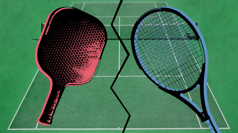 Illustration of a pickleball paddle and tennis racket hovering above a green court with a crack down the middle