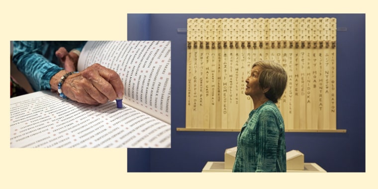 Nan Okada, 85, was 4 years old when she was sent to Camp Amache in Colorado with her parents and younger sister. When the exhibit opened in September, she stamped blue circles next to the names of her parents, Mikio and Dorothy Fujimoto.