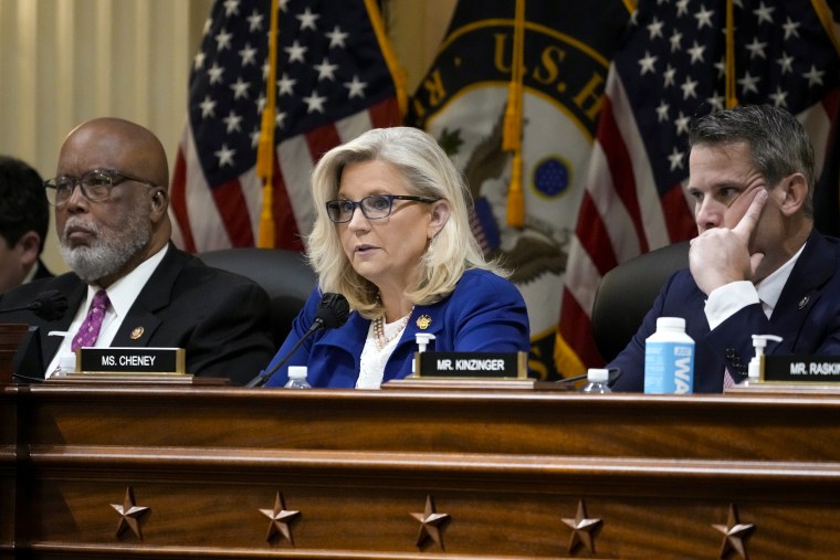 From left, Chairman Bennie Thompson, D-Miss., Vice Chair Liz Cheney, R-Wyo., and Rep. Adam Kinzinger,  R-Ill., of the Select Committee to Investigate the January 6th Attack on the U.S. Capitol