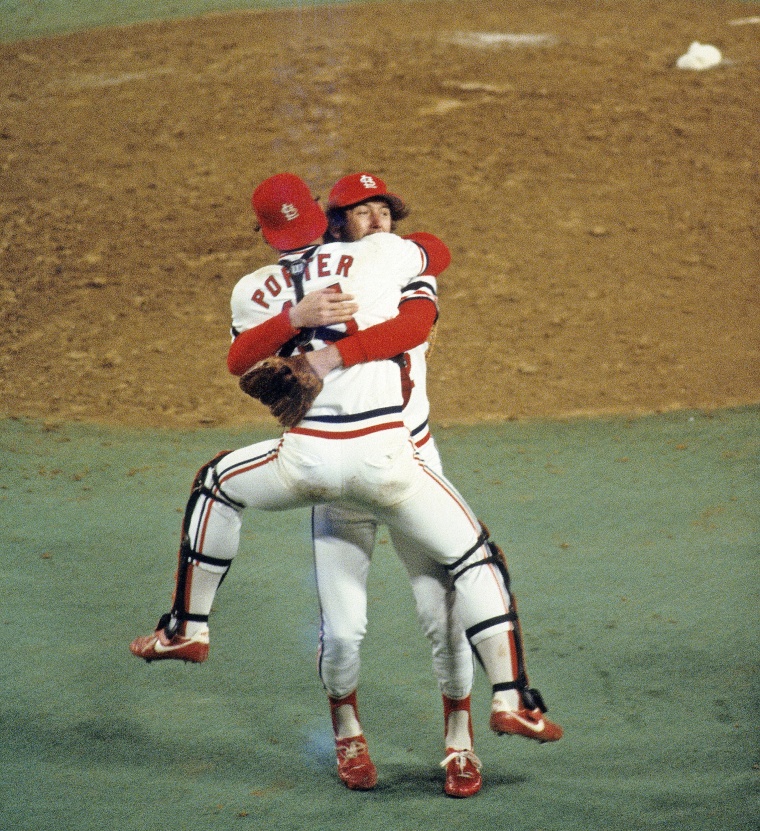 St. Louis Cardinal catcher Darrell Porter jumps into the arms of pitcher Bruce Sutter after the Cardinals defeated the Milwaukee Brewers to win the 1982 World Series.