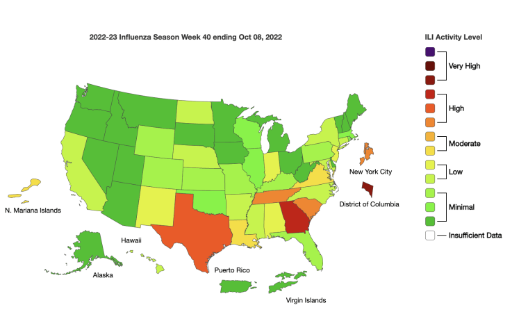 A map of the U.S. with flu cases by sate