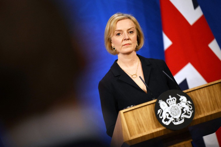 Britain's Prime Minister Liz Truss at a press conference in the Downing Street Briefing Room