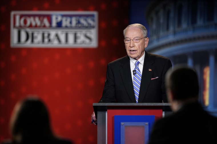 Image: Chuck Grassley speaks during his debate with Mike Franken, in Des Moines, Iowa,