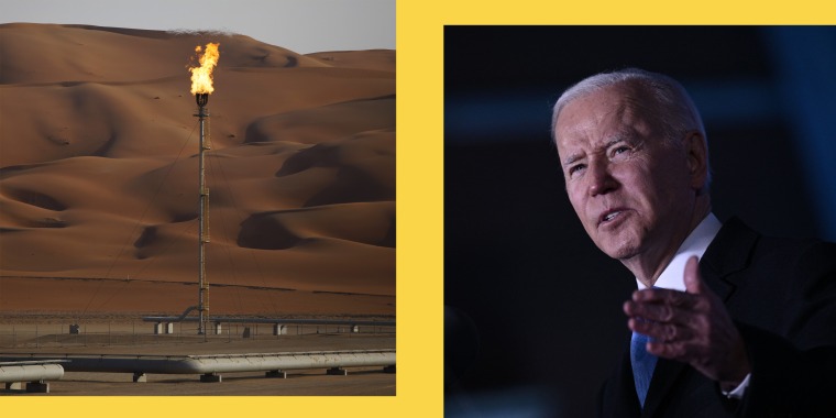 A side by side of an field in Saudi Arabia, left, with Joe Biden, right.