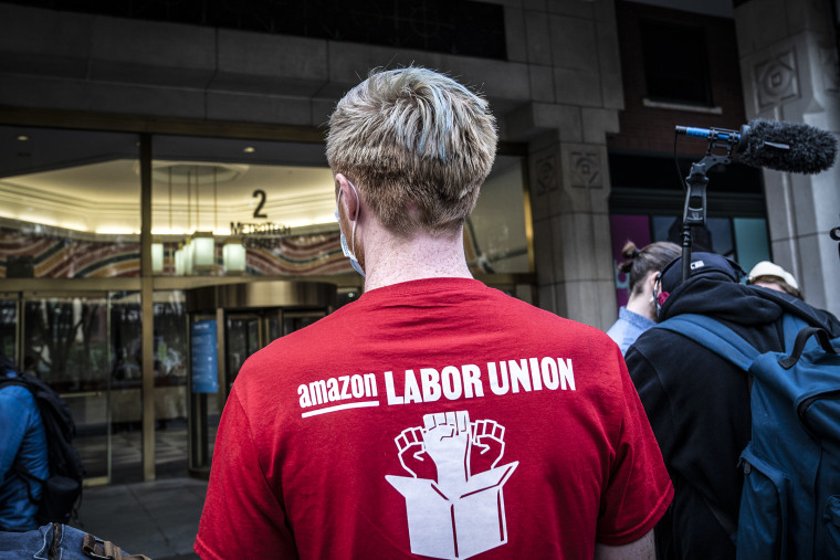 Supporters of organizing union at Amazon Staten Island warehouse rally in in New York on Oct. 25, 2021.
