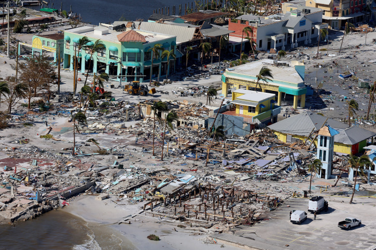 Destroyed building and debris in Fort Myers Beach after the passage of Hurricane Ian.