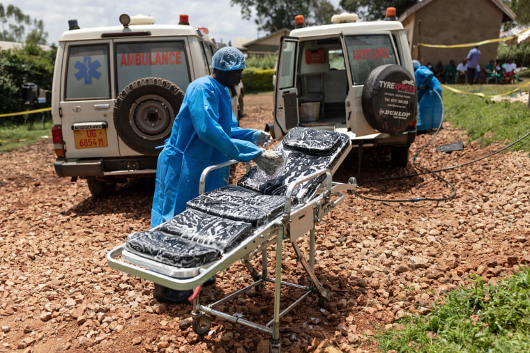 Red Cross workers clean ambulances prior to transporting Ebola victims to a hospital