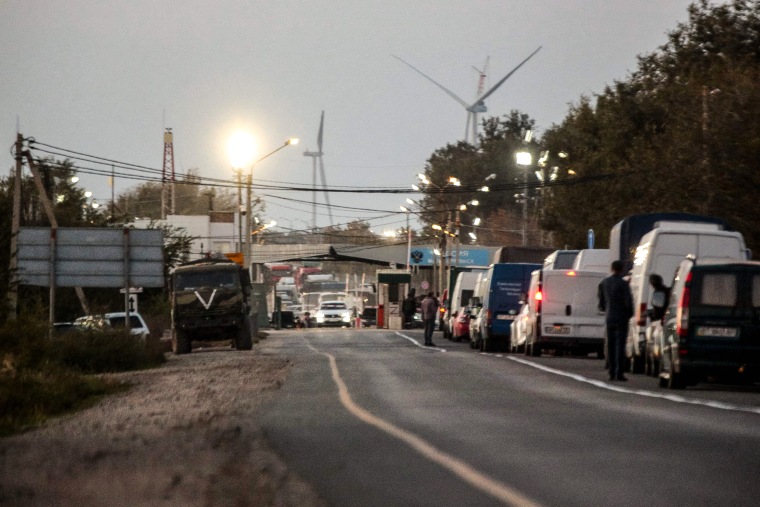 Image: The checkpoint in the town of Armyansk in the north of Moscow-annexed Crimean peninsula bordering the Russian-controlled Kherson region in southern Ukraine on Oct. 19, 2022.